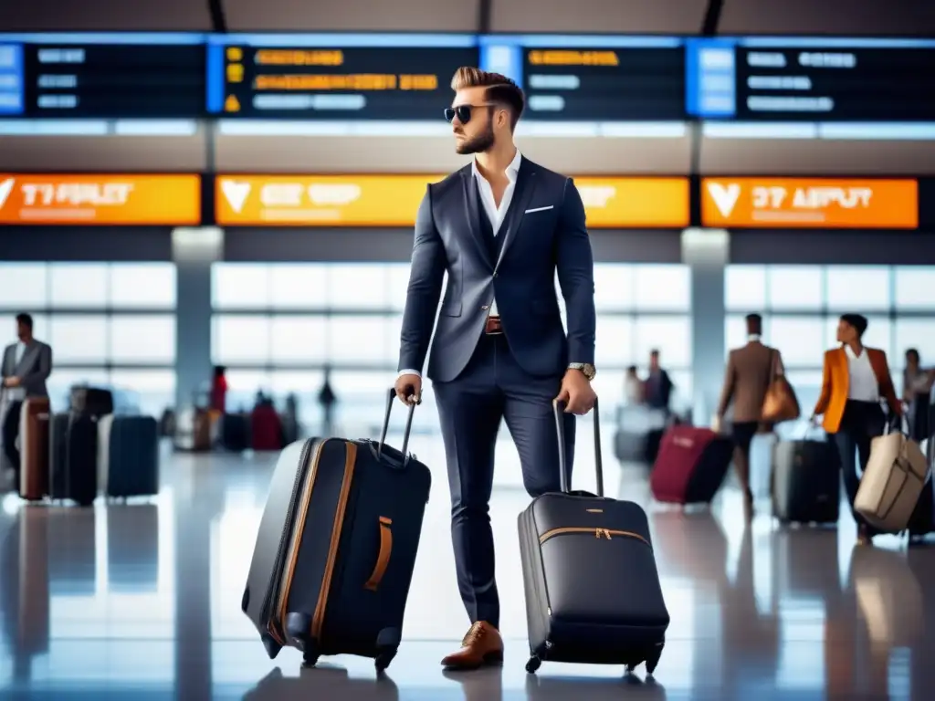 Tendencias equipaje viajero moderno: imagen elegante de un viajero con estilo en una terminal de aeropuerto rodeado de opciones de equipaje trendy