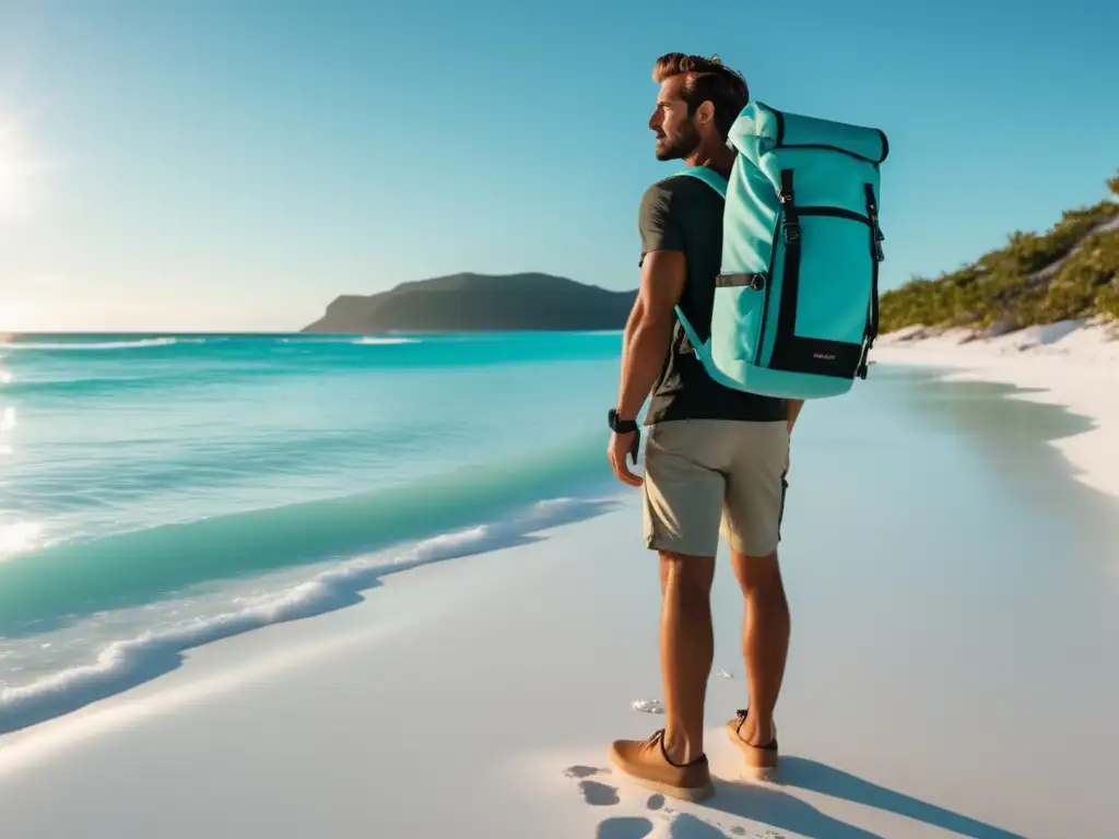 Viajero aventurero en playa paradisíaca Hombre aventurero en playa paradisíaca con cuidado de piel