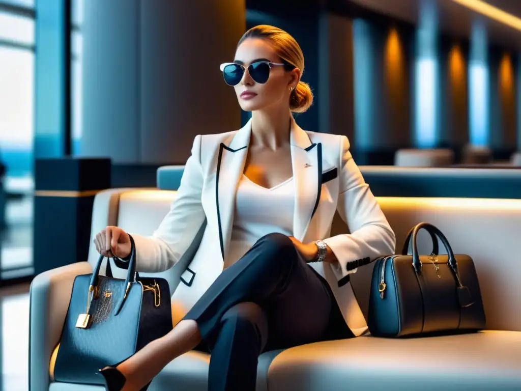 Viajero elegante en lounge de aeropuerto Un viajero elegante en una lujosa sala de espera con productos de cuidado personal masculino
