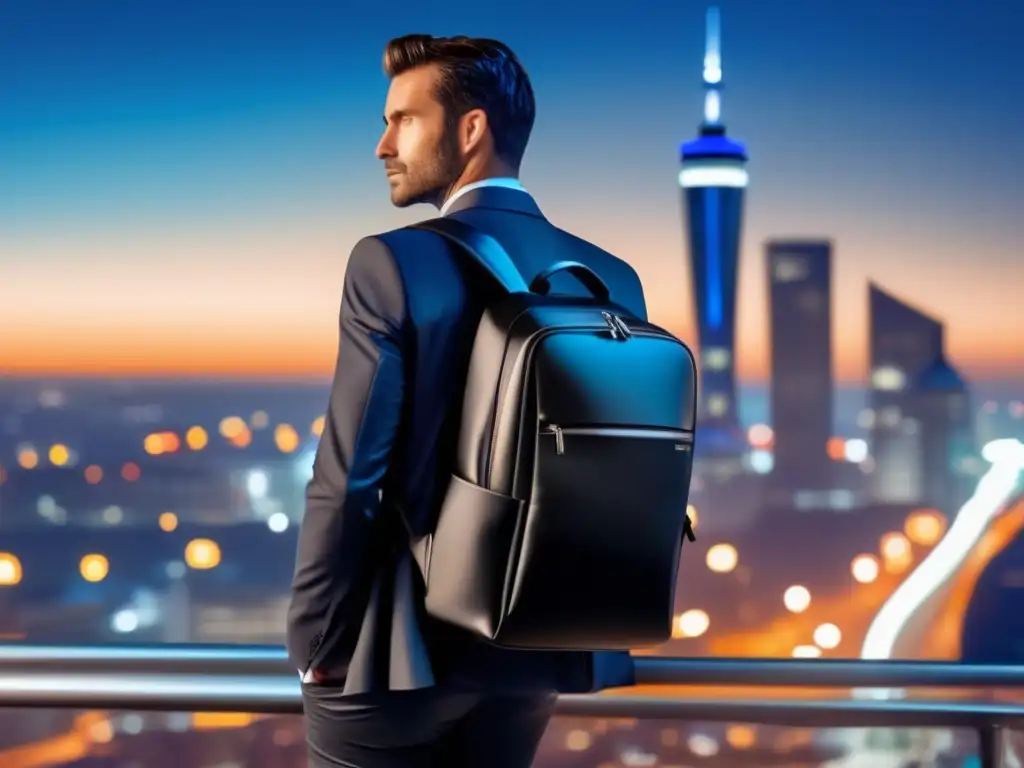 Viajero moderno con mochila elegante Hombre viajero con mochila de diseño sofisticado y funcional en vibrante ciudad - Mejores opciones de equipaje para hombres viajeros