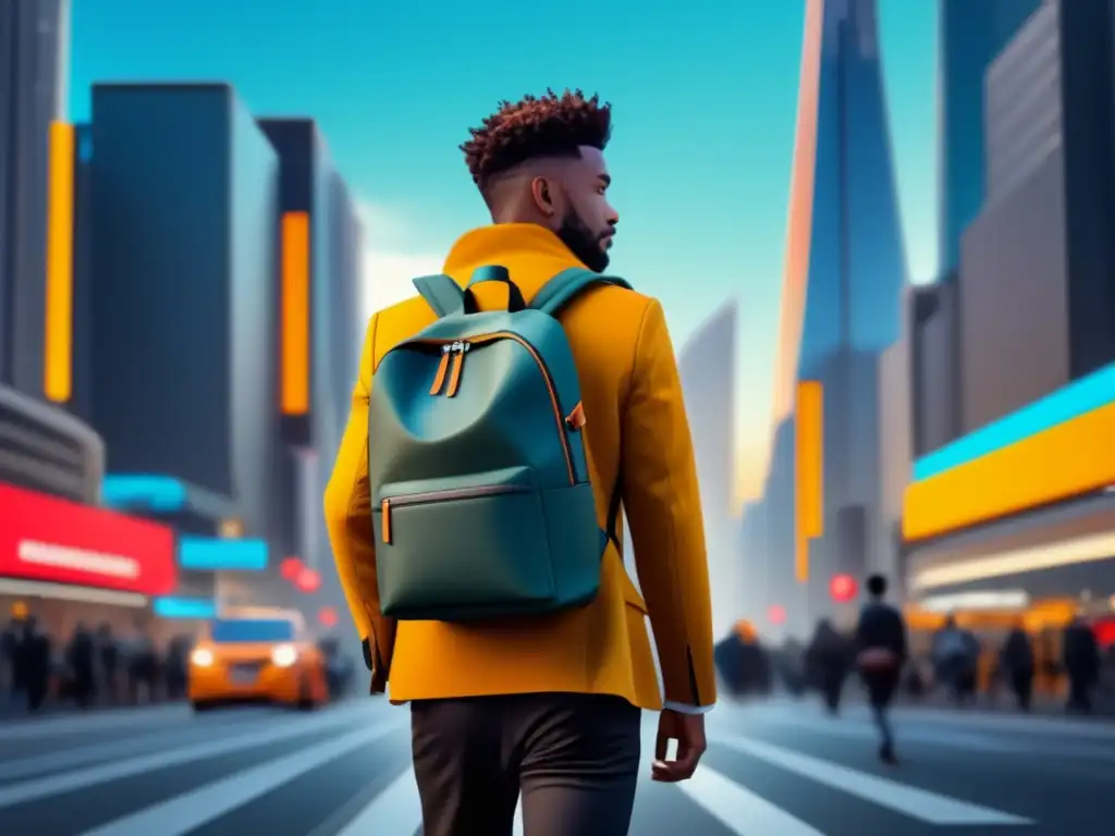 Viajero urbano con mochila estilizada Mostrando las mejores mochilas urbanas para viajeros: imagen de un moderno viajero urbano caminando por una ciudad vibrante