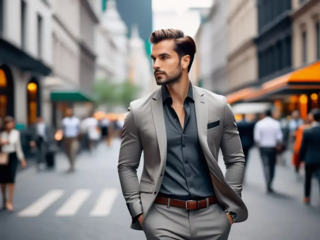 Viajero elegante en ciudad vibrante Tendencias moda masculina viajes ciudad: Viajero elegante en calles vibrantes de ciudad con outfit sofisticado y mochila amarilla