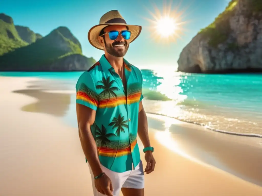 Elegante viajero en la playa Consejos moda hombre playa: Hombre estiloso en la playa con productos cuidado facial y moda veraniega