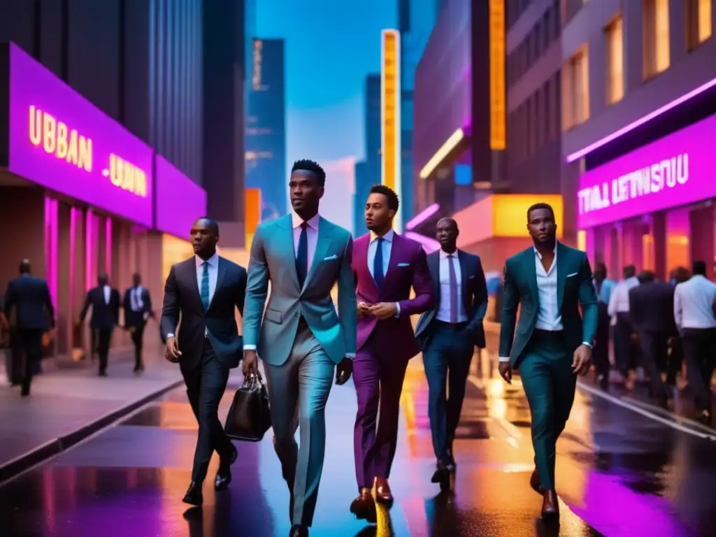 Ciudad nocturna llena de energía y estilo Consejos estilo viaje urbano masculino- Calle nocturna vibrante, edificios altos y elegantes, hombres con trajes a medida y accesorios elegantes