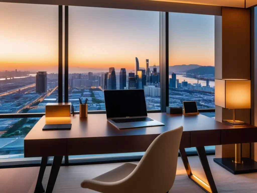 Espacio de trabajo elegante en un hotel de lujo Un espacio de trabajo moderno y elegante en un lujoso hotel con vista a una ciudad al atardecer