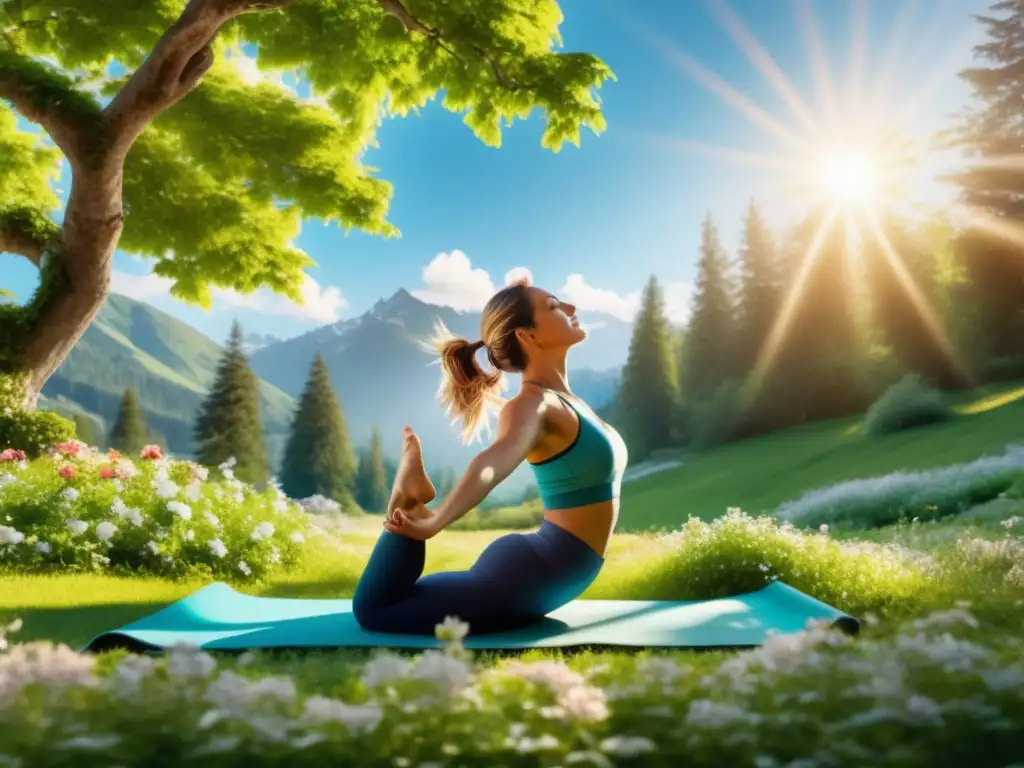 Beneficios ejercicio salud mental: persona haciendo yoga en hermoso entorno natural