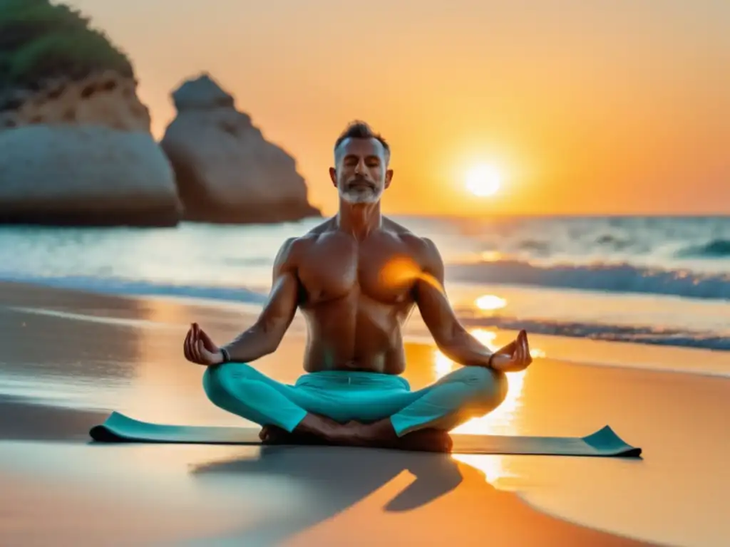 Técnicas de relajación masculina y ejercicio en una playa tranquila al atardecer