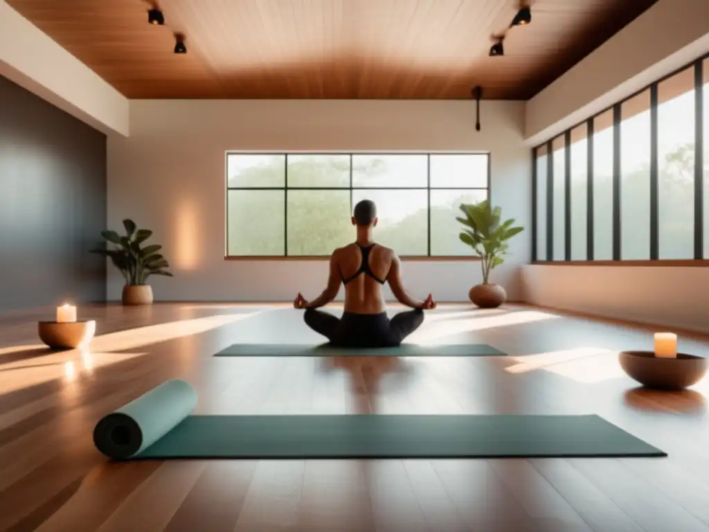 Beneficios del yoga para hombres estresados en un estudio sereno y minimalista