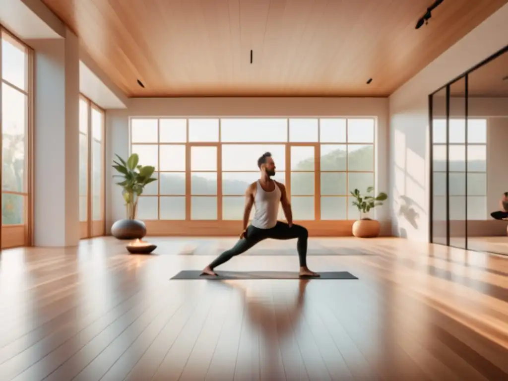 Estudio de yoga moderno con diseño minimalista y luz natural