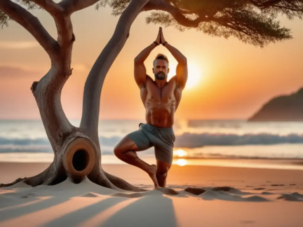 Hombre musculoso en postura de yoga en playa al atardecer: Beneficios del yoga para hombres modernos