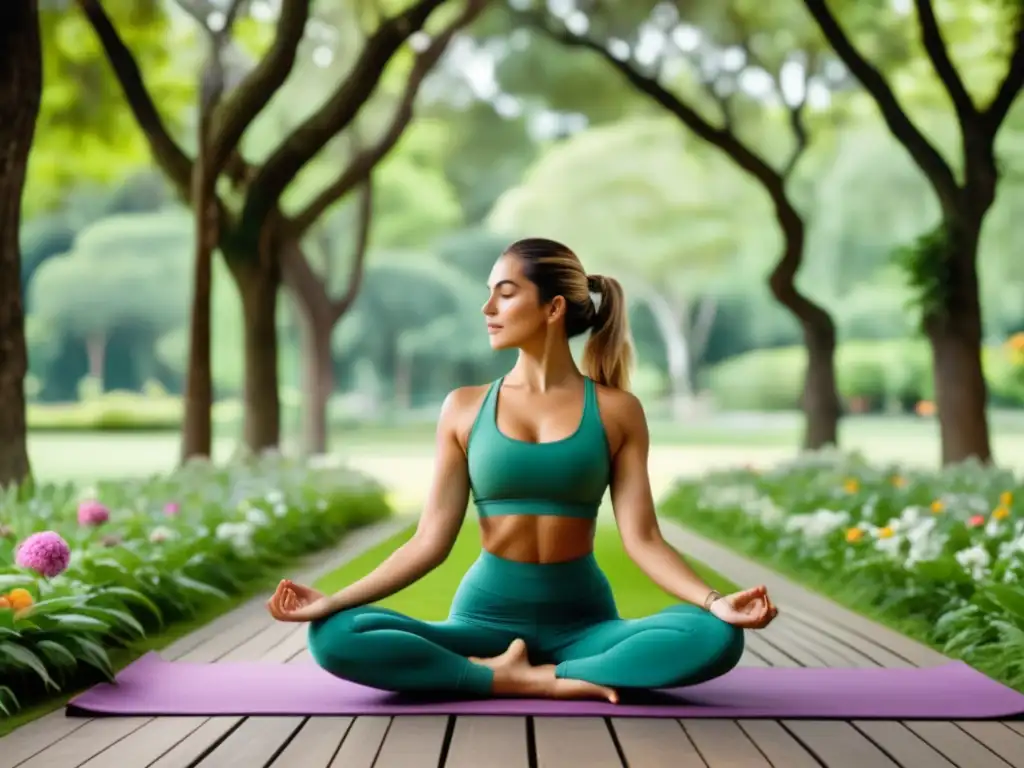 Consejos para mantener el peso ideal: mujer practicando yoga en un parque sereno y exuberante