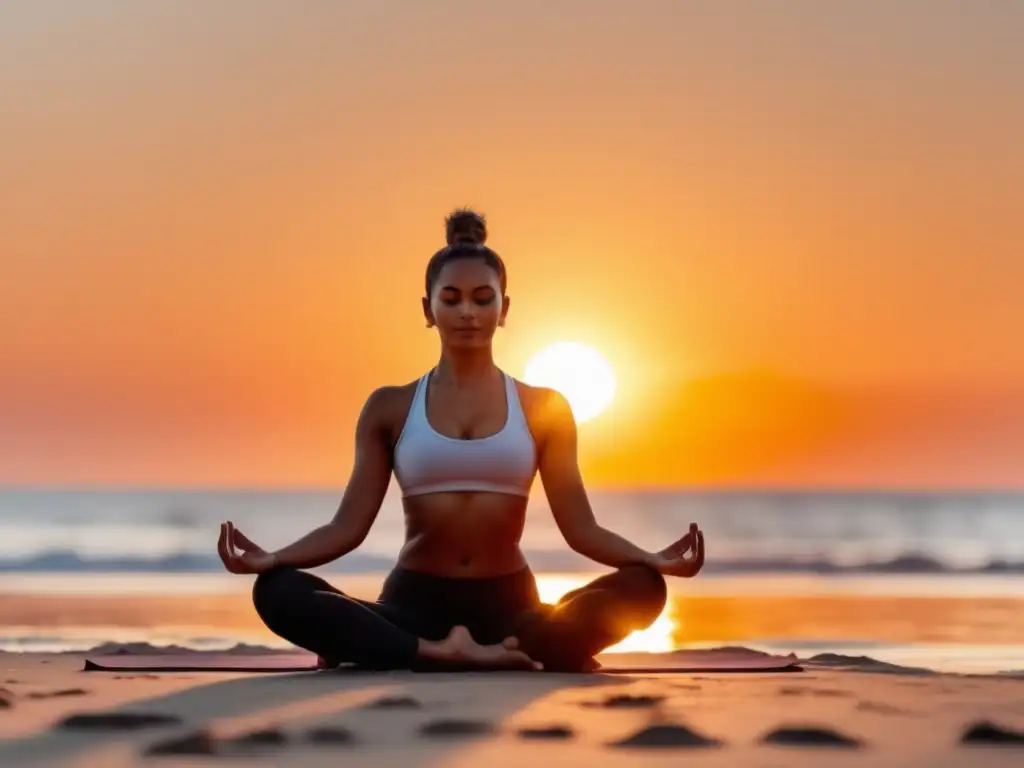 Persona practicando yoga en la playa al atardecer