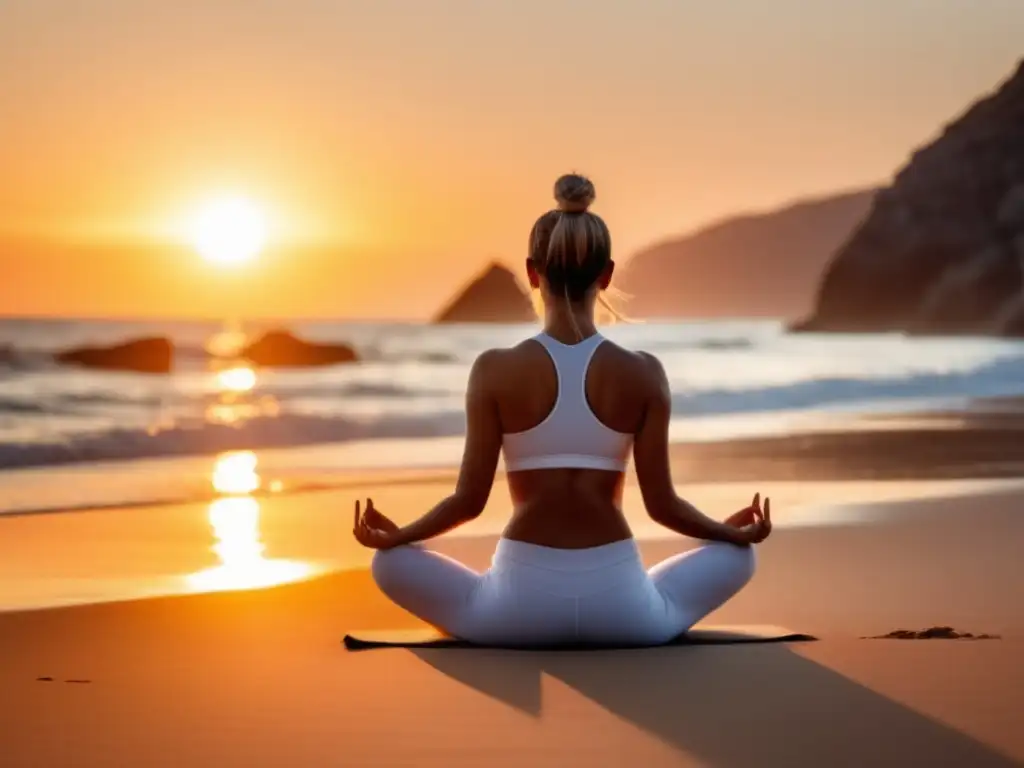 Persona practicando yoga en la playa al atardecer, resaltando la importancia de corregir postura en gimnasio