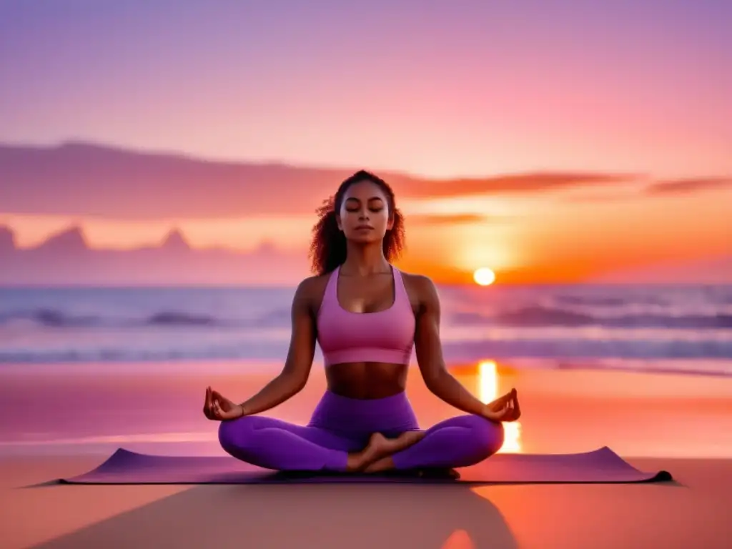 Beneficios yoga piel: mujer equilibrada en playa al atardecer, piel radiante, conexión mente-cuerpo