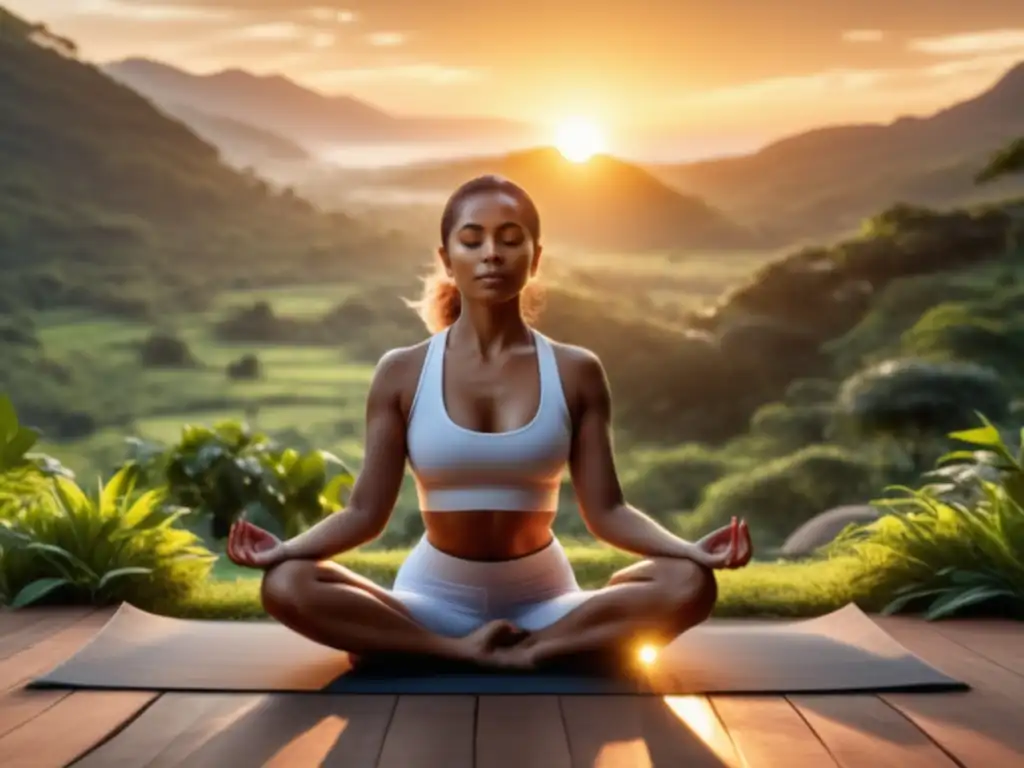 Persona practicando yoga en un entorno sereno al aire libre, prevención de la calvicie con ejercicio