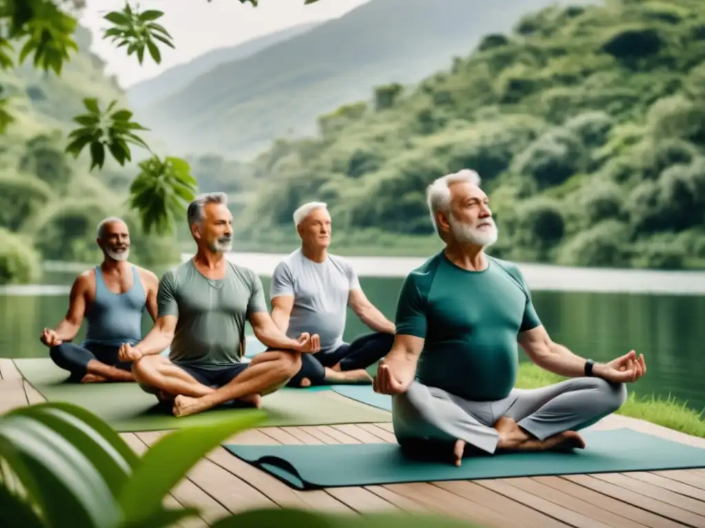 Hombres de 60+ practicando yoga al aire libre