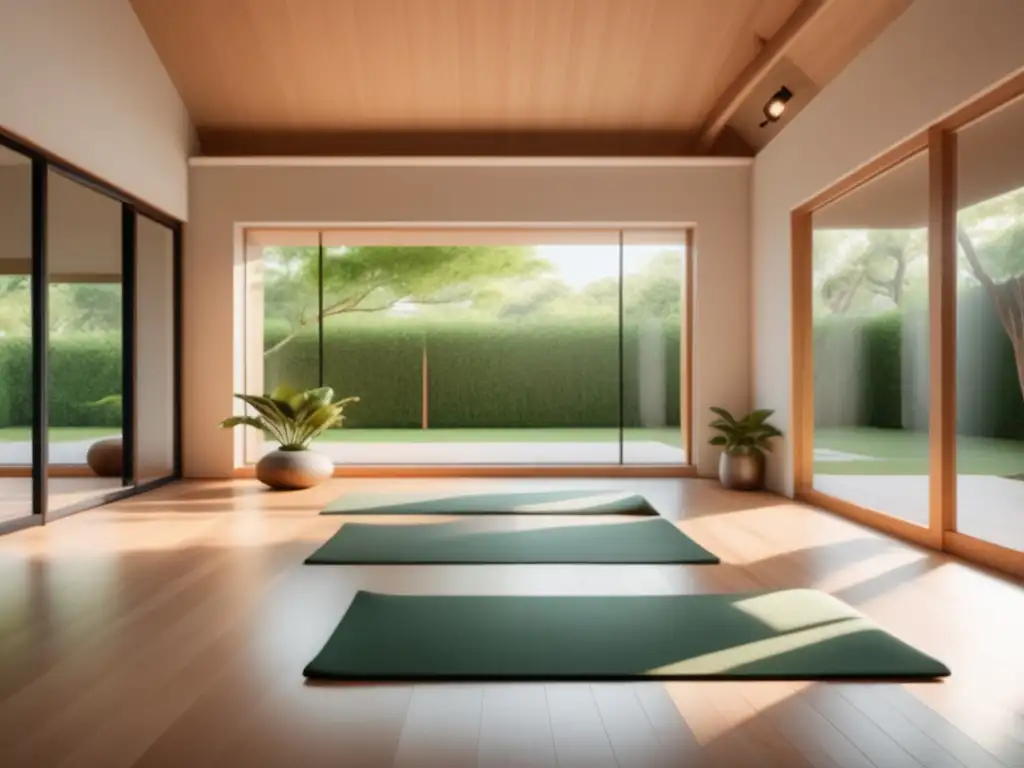 Estudio de yoga sereno con decoración minimalista y vista a un jardín verde