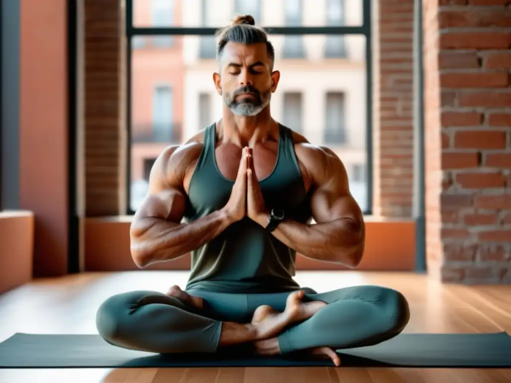 Hombre practicando yoga con estilo urbano y postura perfecta - Beneficios del yoga para hombres modernos