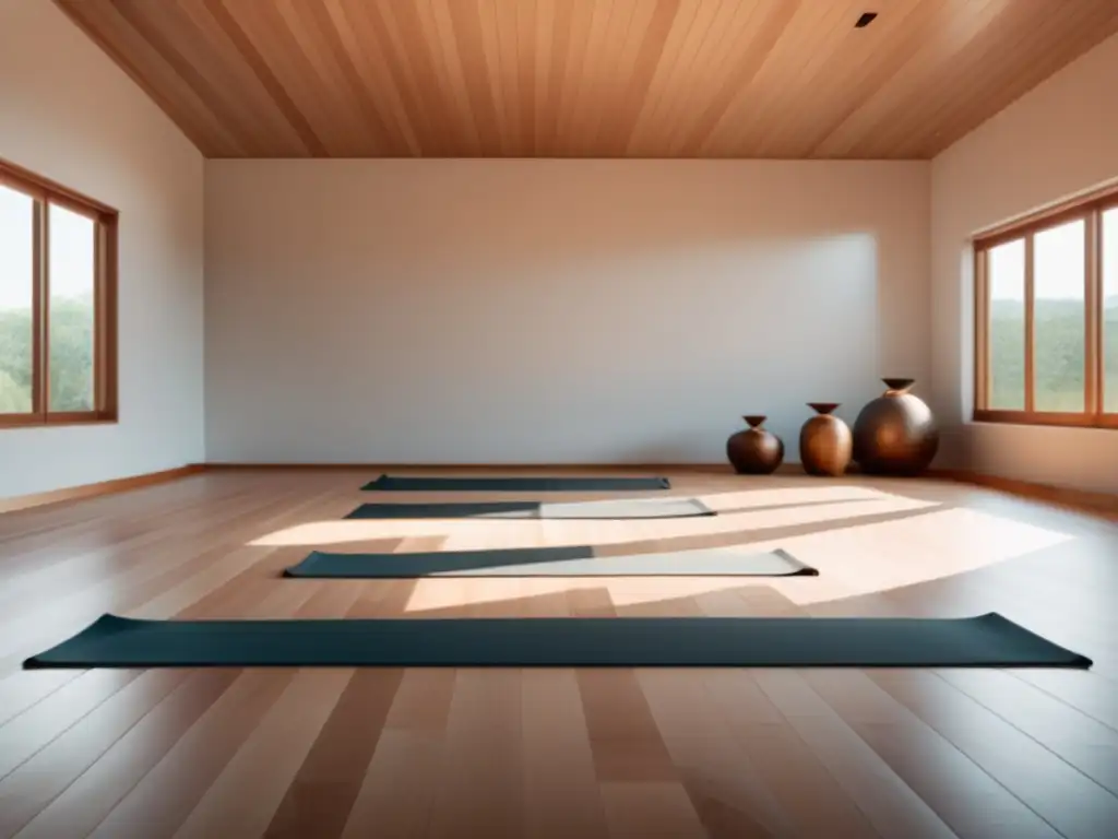 Beneficios del yoga para la piel: Estudio de yoga minimalista con luz natural, suelo de madera pulida y persona practicando yoga