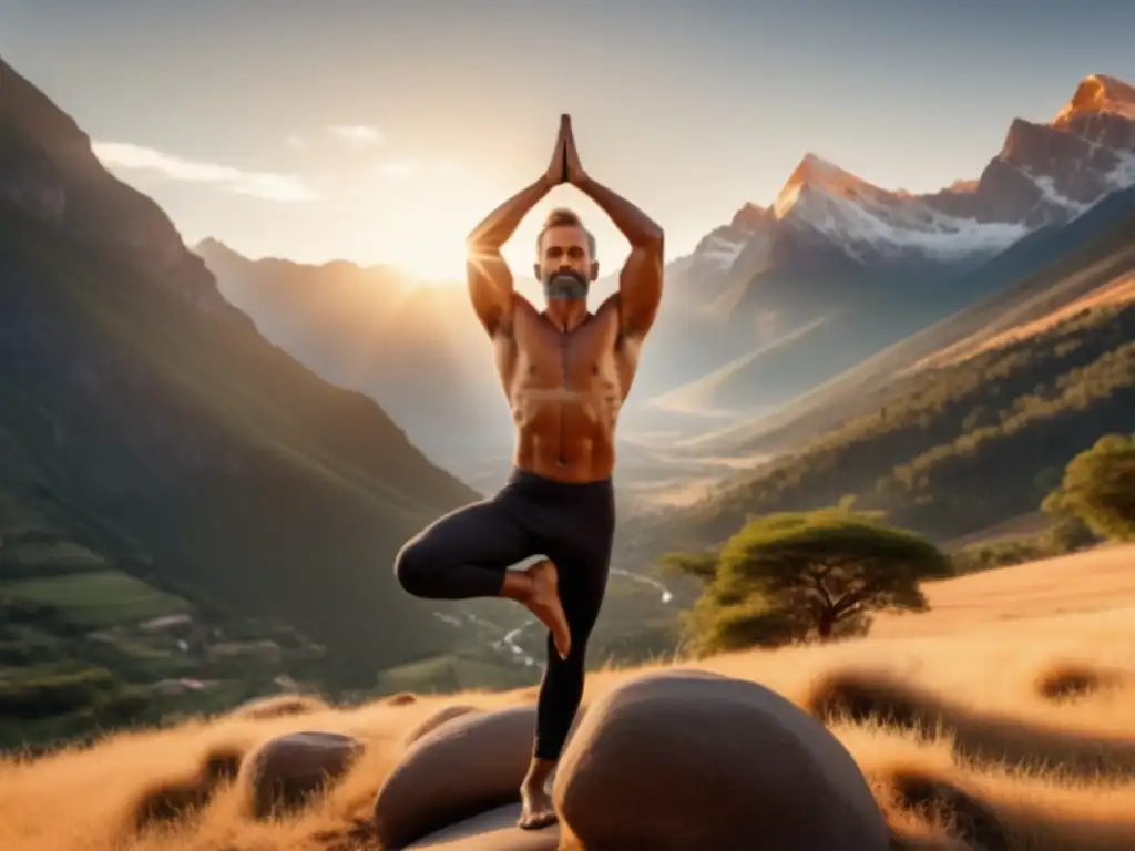 Hombre realizando pose de yoga en paisaje montañoso: Beneficios del yoga para hombres