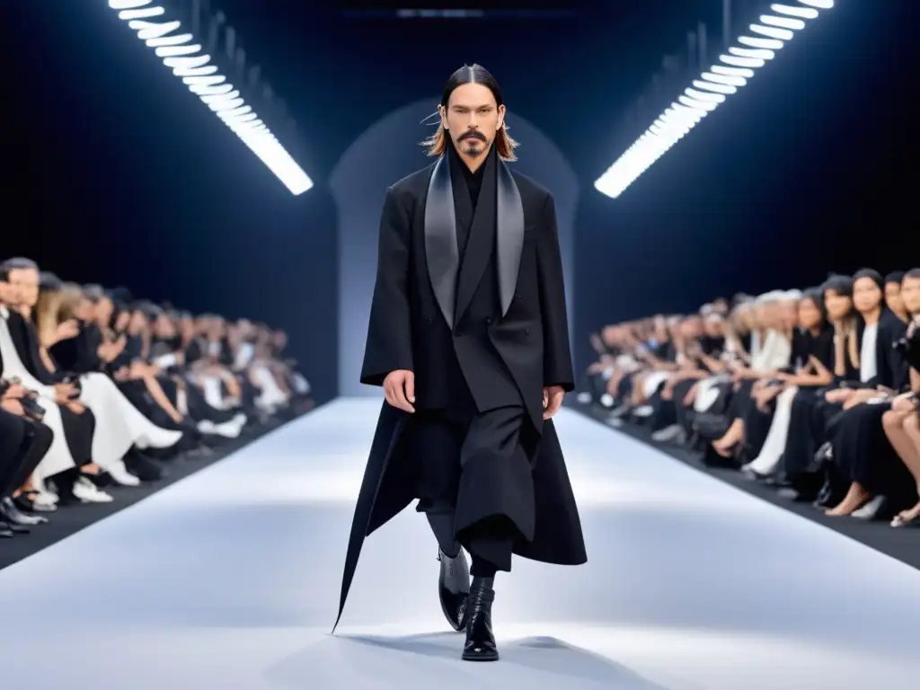 Tendencias moda masculina Yohji Yamamoto: Desfile impactante en 8k con modelo elegante, conjunto asimétrico negro y escenario minimalista