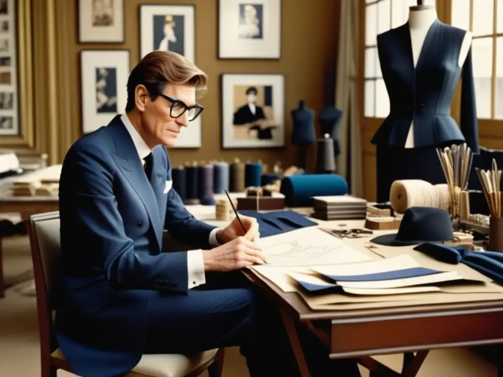 Diseñador de moda Yves Saint Laurent en su atelier, creando un traje meticulosamente con elegancia y sofisticación