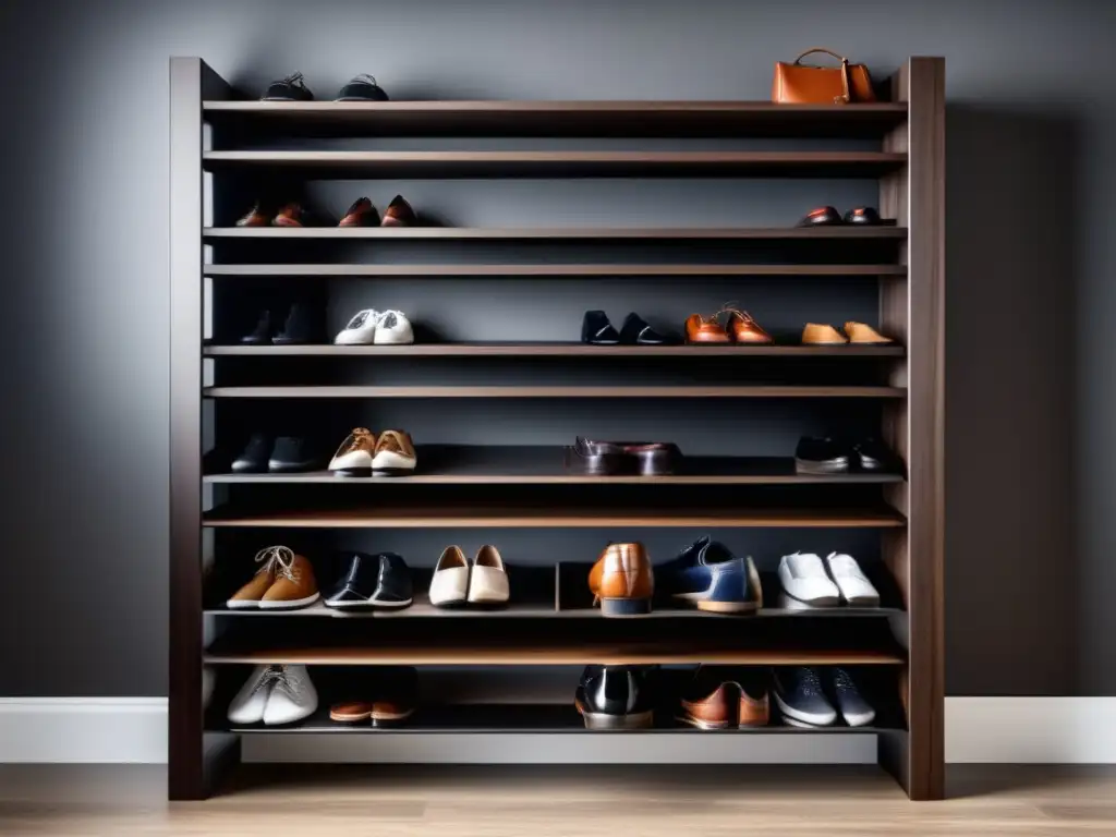 Zapatero moderno de madera oscura con calzado masculino organizado