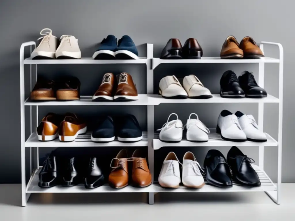 Zapatos masculinos organizados en elegante zapatera de metal, destacando calidad y almacenamiento adecuado