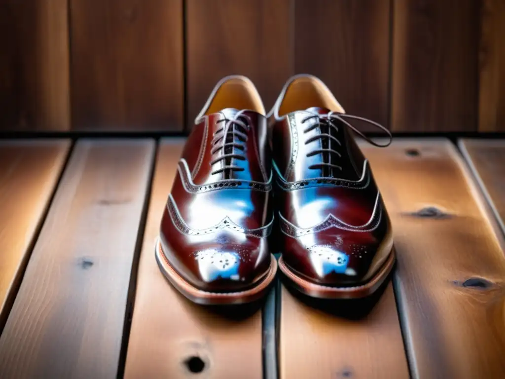 Consejos para cuidar zapatos de cuero: zapatos oxford de cuero marrón bien cuidados en superficie de madera pulida