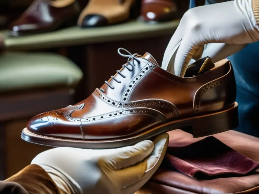 Consejos para cuidar zapatos de cuero: Expertos shoemaker cuidadosamente puliendo zapatos de cuero marrón en su tienda profesional